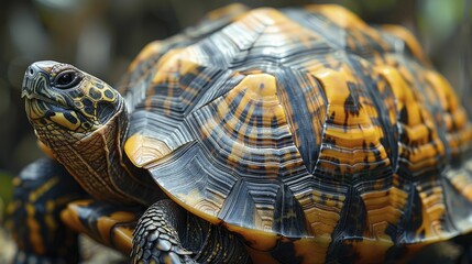 Find a turtle in a protective stance, with a shell designed as a shield featuring a company logo for reliability and security.