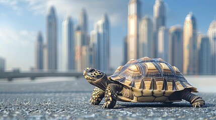 Turtle moving steadily towards a city skyline, carrying a shell patterned with growth rings, symbolizing steady progress and longevity in business.