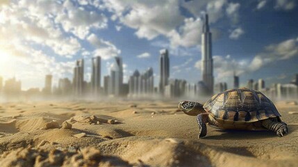 Turtle advancing steadily towards city skyline, its shell patterned with growth rings symbolizes progress and longevity in business.