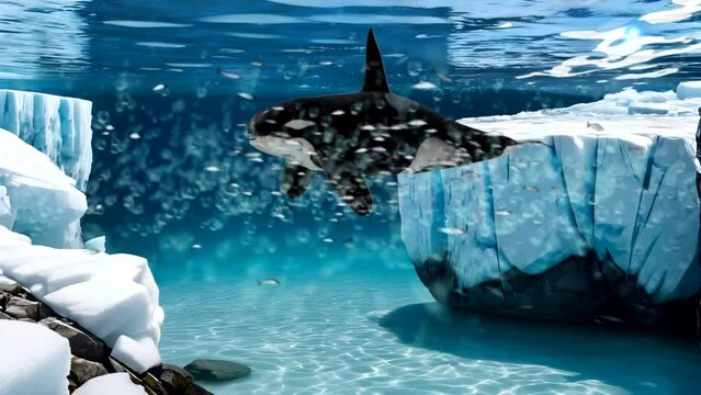Orca with fish school under cold sea. 