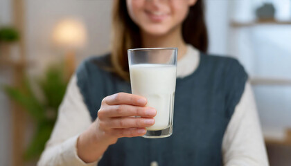 Woman Holding a Glass of Milk. Healthy Growth, Child Nutrition, health and Wellbeing concept