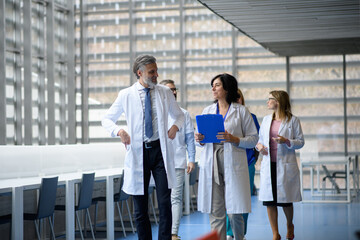 Team of doctors discussing test results, walking across corridor. Colleagues discussing patients diagnosis.