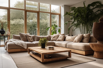 Salon avec un canapé beige dans un environnement moderne et très lumineux avec de grandes plantes et une décoration en bois. - obrazy, fototapety, plakaty