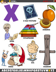 Letter X set with cartoon objects and characters