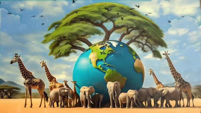 animals around the world with tree. Seamless looping time-lapse 4k video animation background