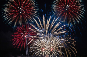 Fototapeta premium Red white and blue fireworks light up the night sky