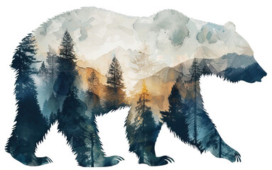 Watercolor Double Exposure of a  Bear and Forest, isolated on white . AI generated Illustration. - 761337136