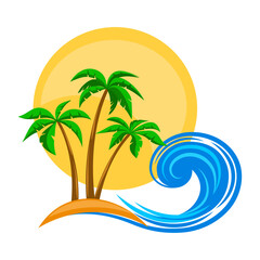 Tropical island with palm trees, sun and sea wave vector illustration, summer vacation emblem, icon, decorative element, sticker.