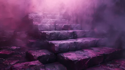 Keuken spatwand met foto Mystical purple fog envelops ancient stone steps, evoking a sense of mystery and fantasy. © amixstudio