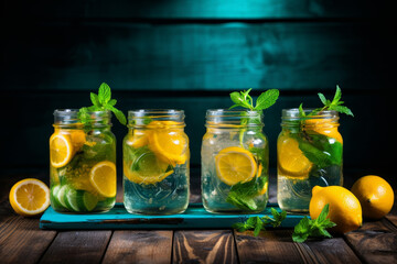 Homemade lemonade in mason jars with ice and lemon slices for a refreshing summer drink