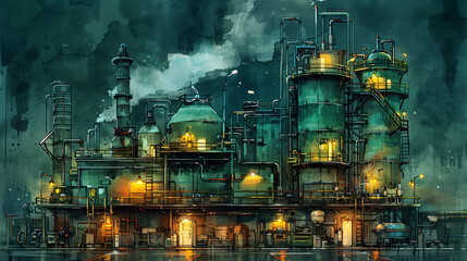 Futuristic industrial complex at night with illuminated buildings under a stormy sky.