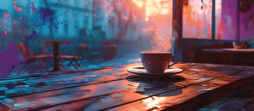 coffee on wooden table in cafe surrounded by splashes of oil paint. background of blue shade covered street with warm colour from sunrise illuminating the cup. coffee art concept. copy space