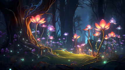 a whimsical enchanting forest with glow flowers and fairy light in the dark. mythical fancy scene.