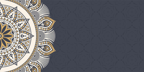 Horizontal mandala banner. Decorative flower mandala background with place for text. Colorful mandala banner. Arabic Islamic east style. Beige and brown colors mandala. Vector color illustration. - 761338115