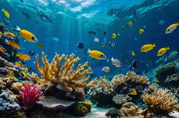 Naklejka na ściany i meble Tropical sea underwater fishes on coral reef Aquarium