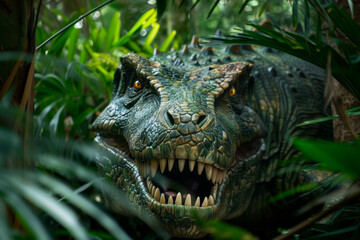 A roaring allosaurus in the jungle