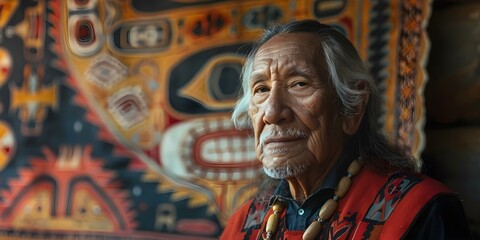 Obraz na płótnie Canvas Indigenous Elder Admiring Vibrant Tapestry in Cultural Gallery. Concept Cultural Art Appreciation, Indigenous Heritage, Elderly Wisdom, Vibrant Textiles, Art Gallery Experience