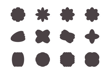  Futuristic geometric elements. Abstract minimalist figures, stars, flowers, circles. Graphic design elements. Vector illustration isolated on black background. Blob brush.