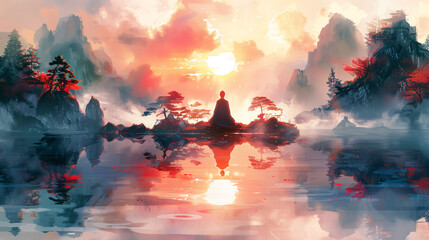Tranquil landscape with figure meditating by a reflective lake at sunset, amidst misty mountains and vibrant foliage. - obrazy, fototapety, plakaty