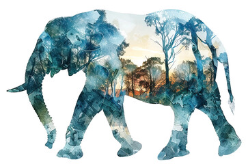 Watercolor Double Exposure of an Elephant and Forest, isolated on white background. AI generated . - 761338575
