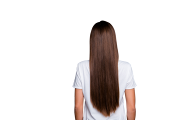 Rear view of brown-haired  young lady with long hair, wearing white t-shirt over grey background, isolated