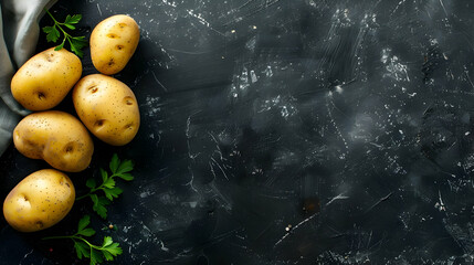 Raw potatoes on black background, space for text