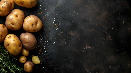 Raw potatoes on black background, space for text - obrazy, fototapety, plakaty