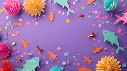 Fototapeta na wymiar Colorful bright paper rosette and paper fishes on a purple background, flat lay,. Decorating for a part, Generative AI