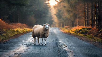 Sheep standing on the road near forest at early morning or evening time