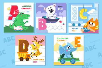 Letter set. Alphabet, cards with cute cartoon style characters. Animals and cars. ABC. Education for children. Preschool activity. Vector illustrations.