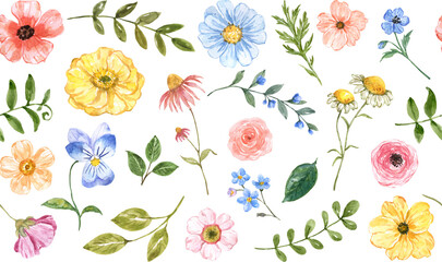 Wildflowers seamless border. The watercolor botanical illustration features cute summer flowers. Floral frame. PNG clipart. - 761338967