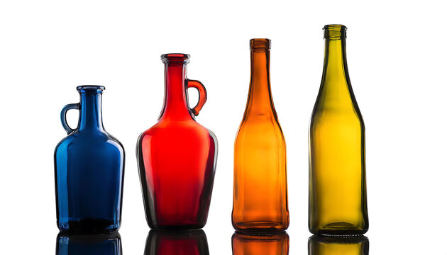 Empty, different colored glass beverage bottles on isolated white background. Hygiene, Importance of Glass in Beverage Containers and Kitchenware concept