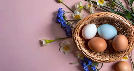 Obraz na płótnie Canvas Eggs are displaying on a light pink table, in a nest. and nest is surrounded by flowers