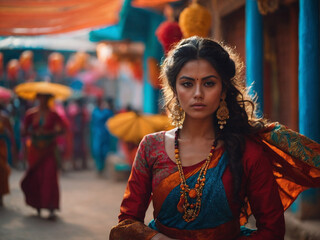 Obraz premium Portrait of a beautiful Indian woman in a sari on the street