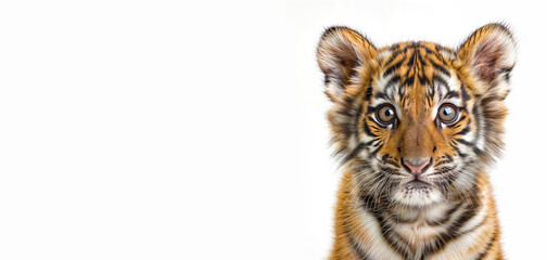 Close up of a cute tiger cub isolated on a white background, concept for wild life preservation, copy space, horizontal banner 16:9, shallow depth of field - Powered by Adobe