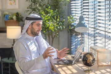 The smiling Sheikh CEO remotely leads the team and oversees business operations via video call.