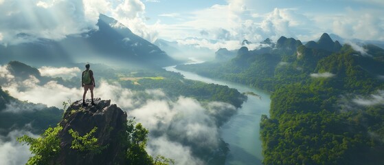 Backpacker contemplates a calm lake surrounded by autumnal mountain scenery, symbolizing a journey of adventure, hiking, and connection with nature