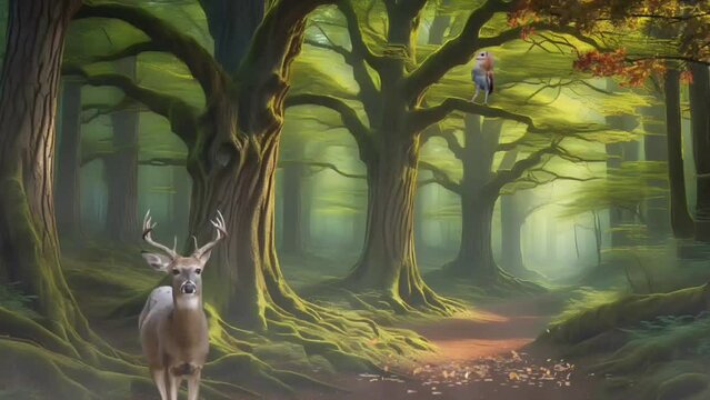 Deer and owl in the forest. Seamless looping time-lapse 4k video animation background