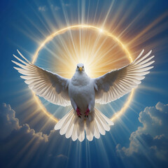 Friedenssymbol: Weiße Taube im Flug umgeben von strahlendem Licht - obrazy, fototapety, plakaty