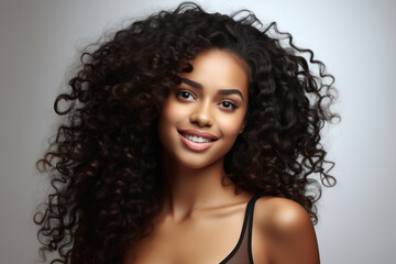 Woman with curly hair is smiling and looking at camera