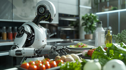 A robot with advanced dexterity skillfully prepares a meal, surrounded by fresh ingredients in a sleek, modern kitchen, generative ai