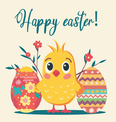 Vector banner Easter card with cute happy chicken and two Easter eggs with flowers plant ornament and pattern. The inscription Happy Easter on a light pastel background