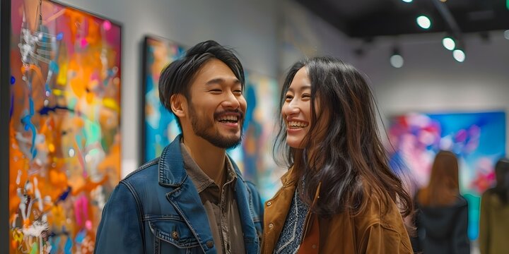 Asian couple smiling and admiring artwork at a contemporary museum exhibition. Concept Art Appreciation, Smiling Couples, Contemporary Museum, Asian Culture, Joyful Moment