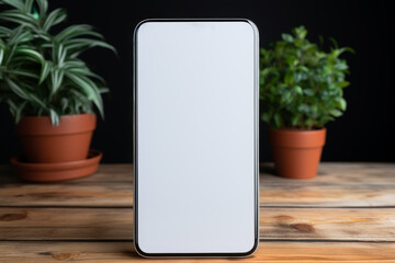 White cell phone is sitting on wooden table next to potted plant