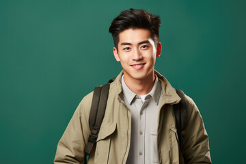 Young man wearing tan jacket and backpack is smiling for camera