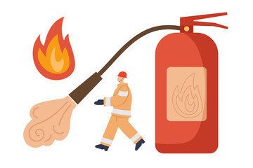 Firefighter and firefighting equipment. Fire extinguisher with Foam from nozzle, fire. Means of extinguishing fires. Vector hand drawn illustration isolated. Man with special clothes of firefighter.