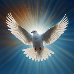Weiße Taube im Flug mit strahlendem Heiligenschein vor blauem Himmel - obrazy, fototapety, plakaty