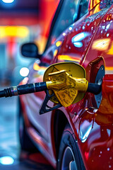 Closeup of an Oil Gas Pump Dispenser from a Petrol Station refueling an automobile car at night Energy Industry Machinery Private Transportation Concept