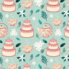 Pink teapot, cake and cup seamless repeat pattern print background - obrazy, fototapety, plakaty