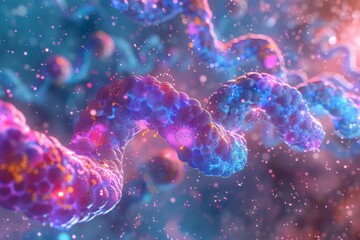 a microscopic view of a vibrant cellular world with DNA strands intertwining.